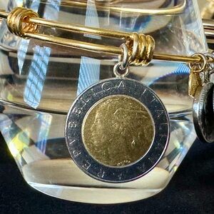 Milor Italian Elegant Gold Over Silver Real 500 Lire Coin (Plus Others) Bangle